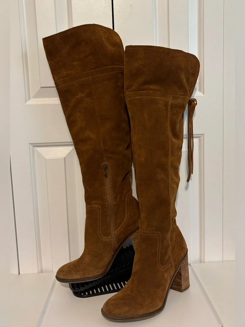 FRANCO SARTO, Brown Suede “Elnora” Tall Over-the-Knee Boots with Fringe Tassel